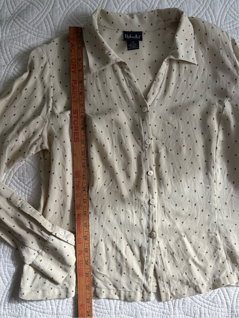Silk Vintage Button Down Size 14 Cream with Brown Geometric Print - Picture 6 of 9
